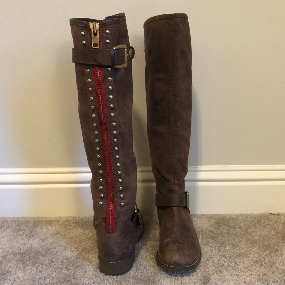 Steve Madden Brown Knee-High Studded Boots with Red Zipper